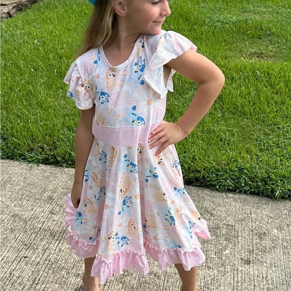 Bluey Bingo Ruffle Bow Back Twirl Girls Dress